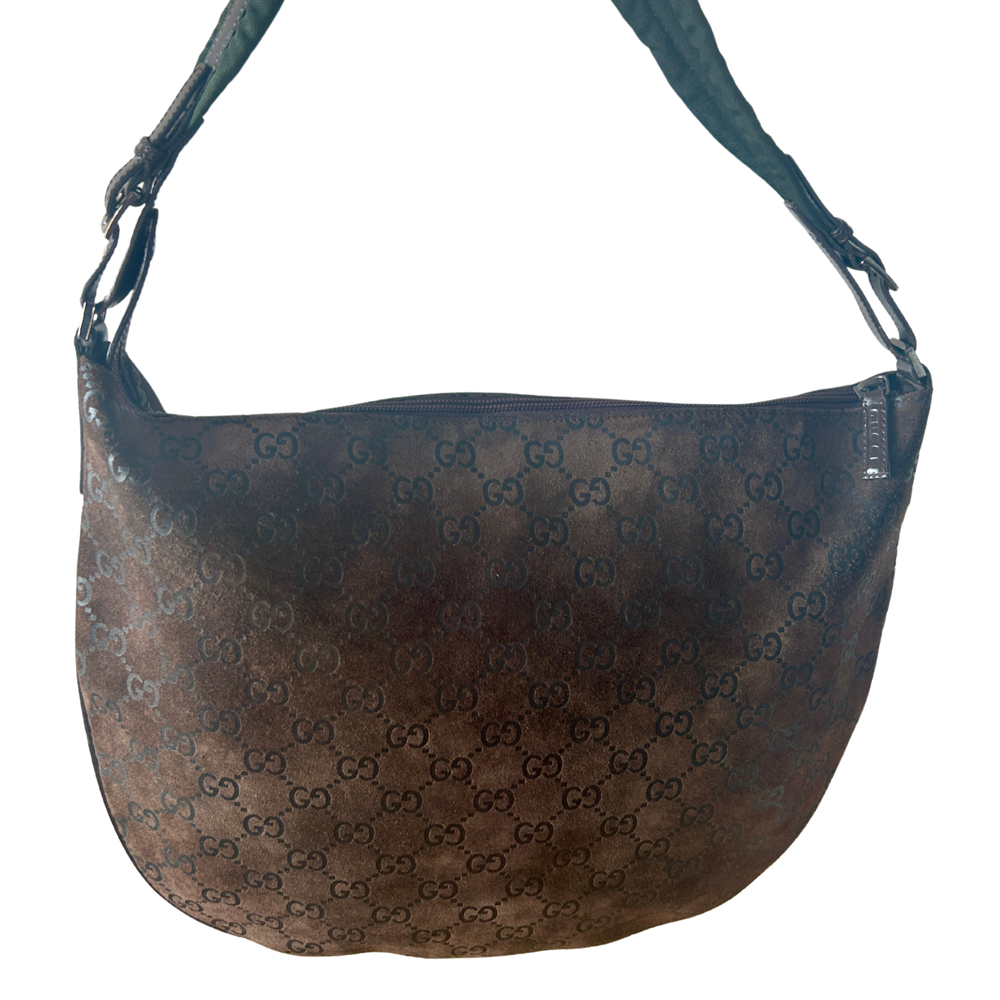Gucci GG Suede Bag, Brown/Green - Damaged Strap (potentially mendable)