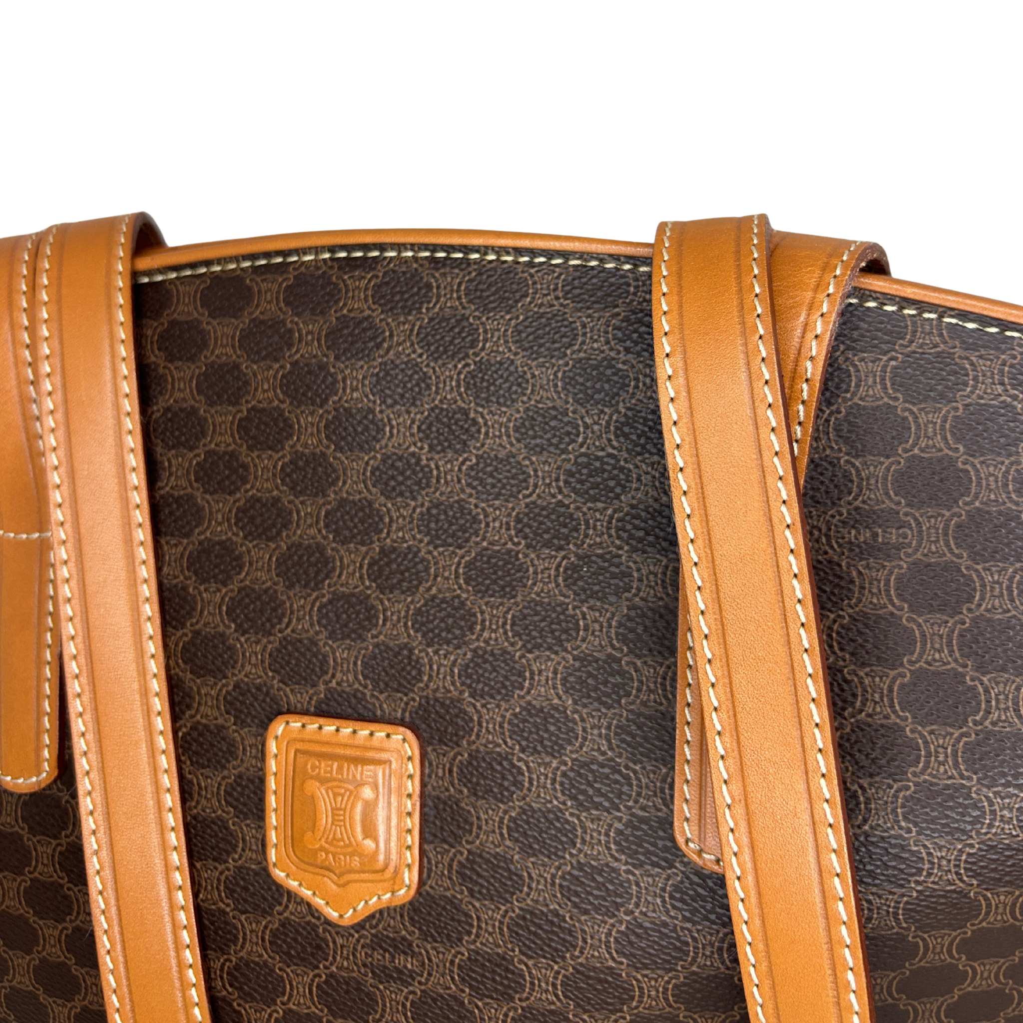 Celine Triomphe print tote, tan leather