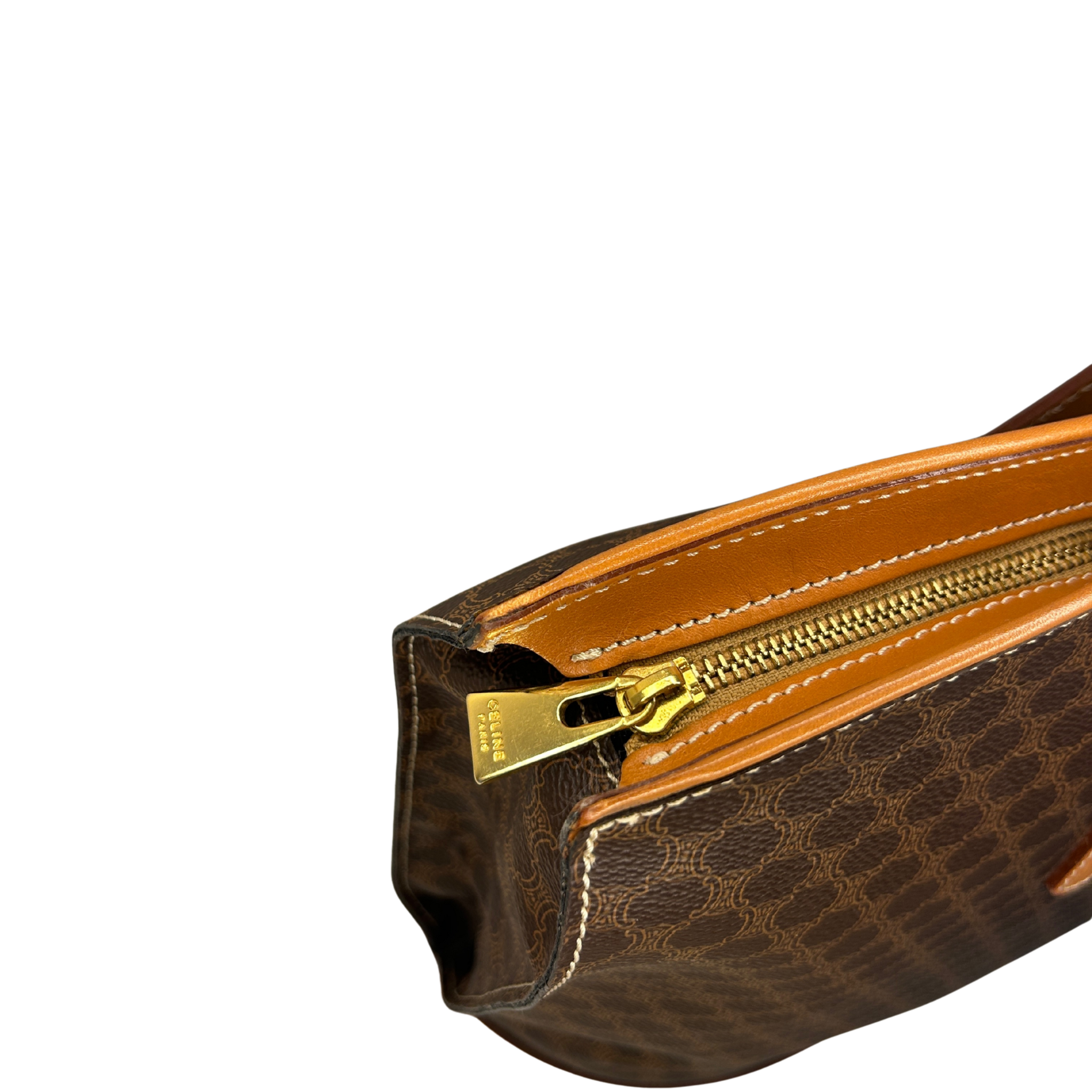 Celine branded Gold Zip Zipper, Tan Brown Tote Bag Should Strap